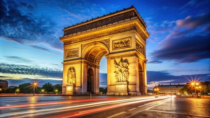 Obraz premium Iconic Arc de Triomphe monument illuminated at night in Paris, France, landmark, architecture, night, cityscape, travel