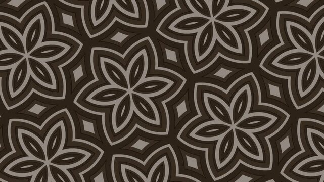 Ornate kaleidoscopic floral pattern motion background animation with gently radiating flower shapes in brown and beige vintage colors. This trendy retro background is full HD and looping.