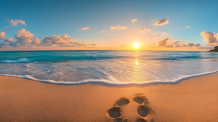 tropical beach sunset, golden sand, footprints in sand, crystal clear turquoise waves, ocean foam, bright blue sky, wispy clouds, sun low on horizon, vibrant colors.