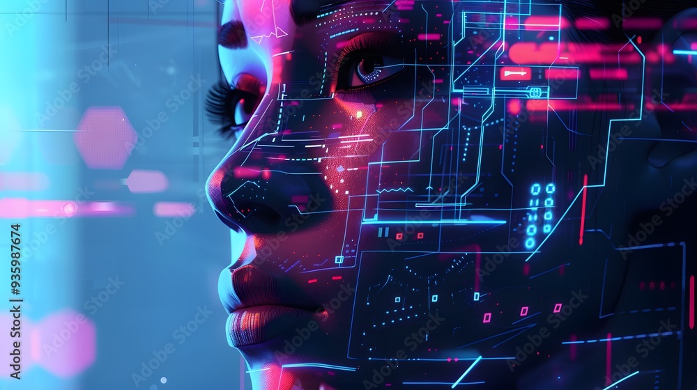 Poster portraits of a sleek android with a high-tech interface