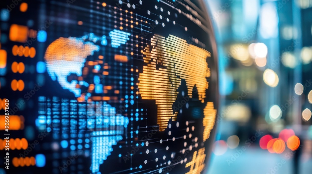 Poster digital representation of global connectivity with a technological world map on a screen in a modern