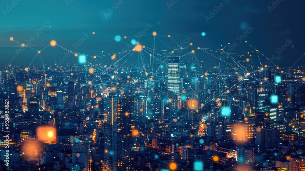 Poster big data connection technology. cityscape telecommunication and communication network concept.