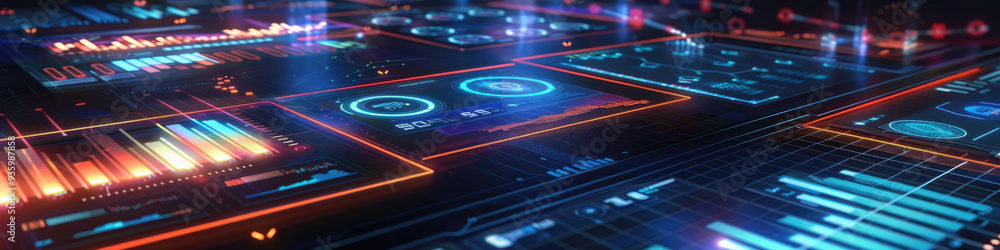 Poster a detailed digital dashboard showcases colorful data visualizations, graphs, and analytics in a futu