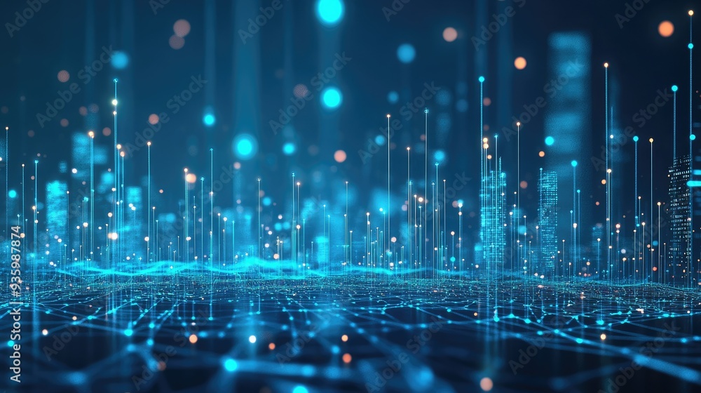 Poster big data connection technology. cityscape telecommunication and communication network concept.