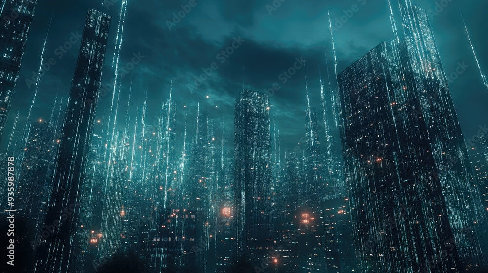 Poster big data connection technology. cityscape telecommunication and communication network concept.