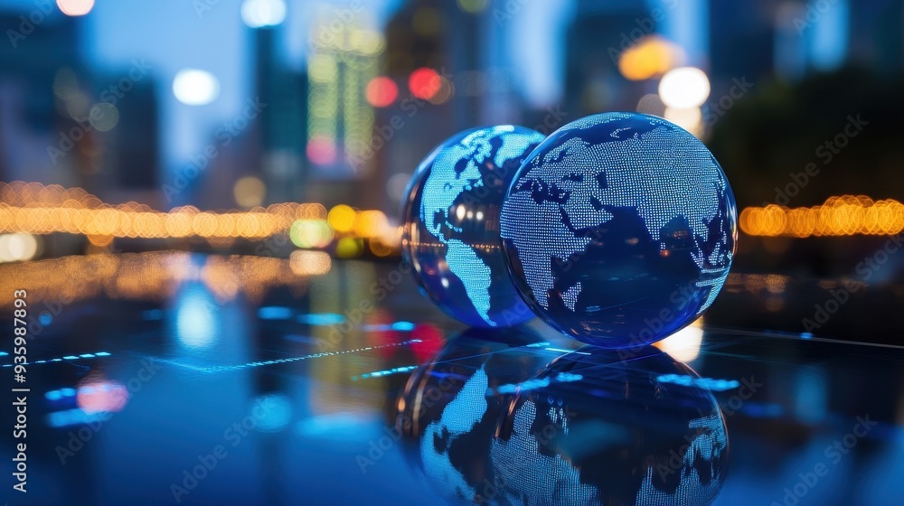 Poster double exposure of globe reflecting on a digital screen with a cityscape in the background, signifyi