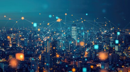 Fototapeta premium Big data connection technology. Cityscape telecommunication and communication network concept.