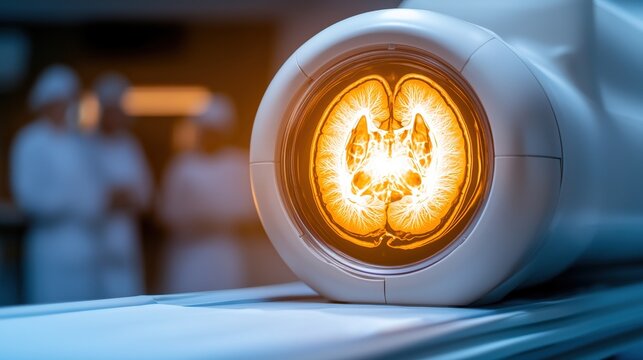 Neurology ward with specialized diagnostic equipment and staff in silhouette