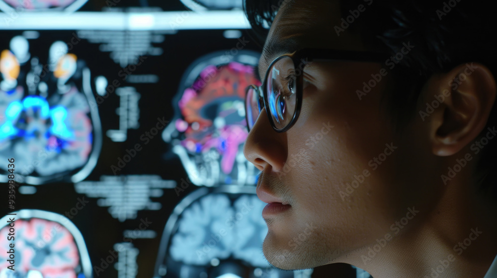 Aufkleber a researcher observes brain scans on a screen, deep in thought within a high-tech laboratory environ
