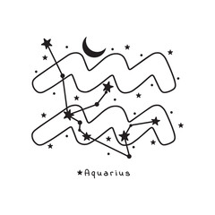 Aquarius zodiac sign, with stars, moon and stars constellation, on white background, vector art