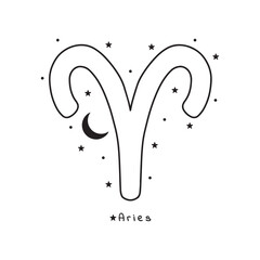 Aries zodiac sign, with stars, moon, on white background, vector art