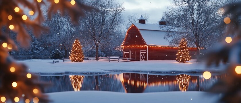 A picturesque winter scene featuring a cozy barn decorated with Christmas lights, nestled by a serene snowy landscape. Christmas farm concept.