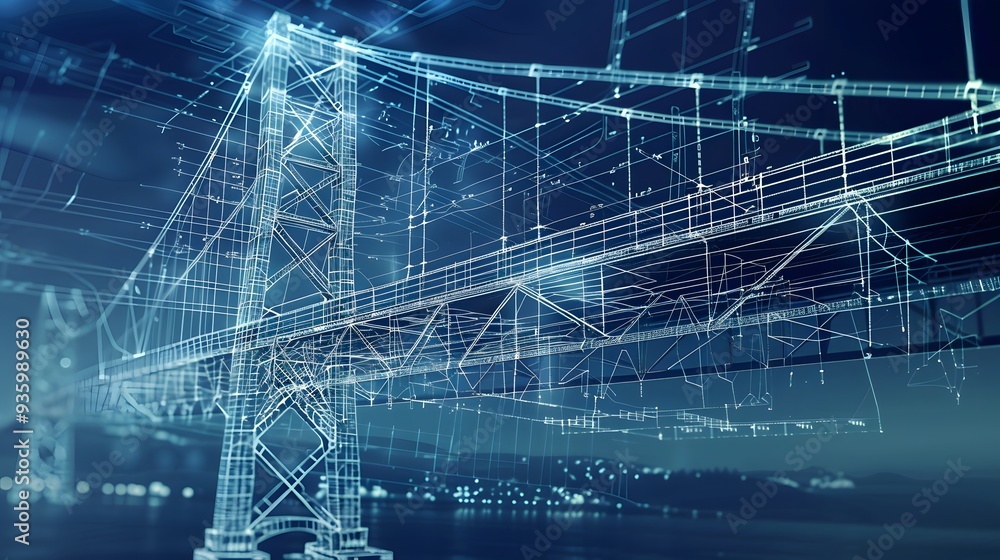 Poster a bridge blueprint with intricate details, showing the structural components and material specificat