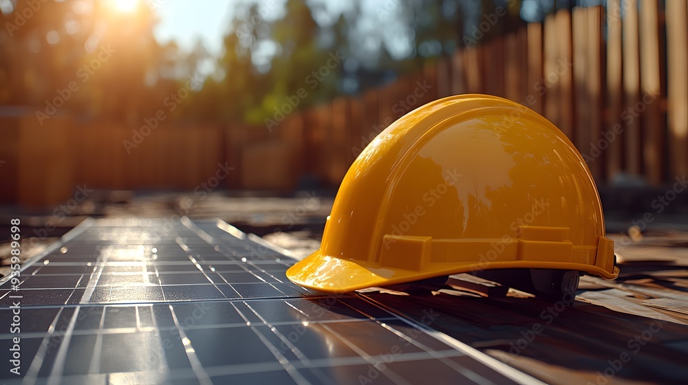 Wall mural yellow safety helmet, construction site, blueprints, solar panels, outdoor setting, bright sunlight, wooden fence background, construction planning, renewable energy project.