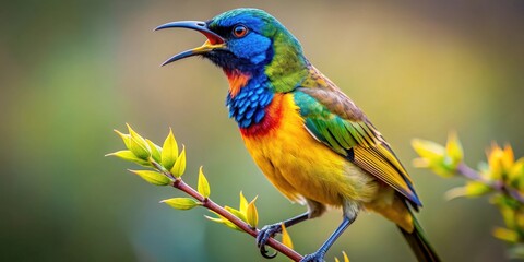 Fototapeta premium Close up of a vibrant Bokmakierie bird singing in the wild , bird, Bokmakierie, wildlife, nature, colorful, feathers