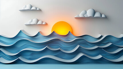 3D Flat Icon: Morning and Evening Coastline Timelapse View with Dreamy Background   Rhythmic Beauty of the Sea on Isolated White, Ideal for TextGraphics