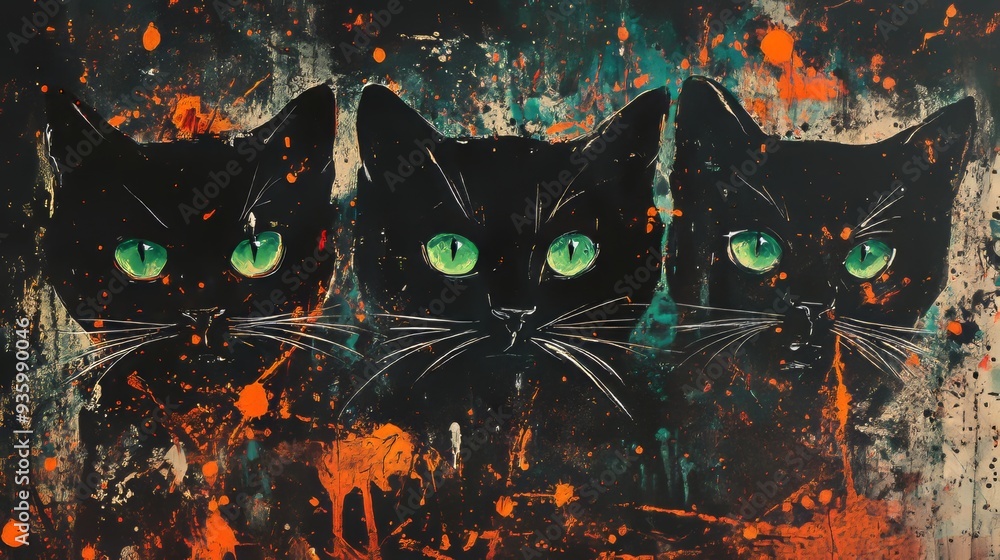 Wall mural This is a digital art piece that features a black cat in a green vintage abstract setting