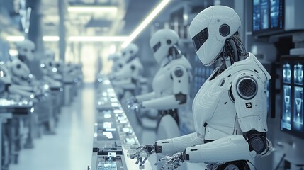 The Rise of the Machines: An army of advanced humanoid robots operate in unison within a futuristic, sterile facility, their synchronized movements hinting at both progress and the unknown. 