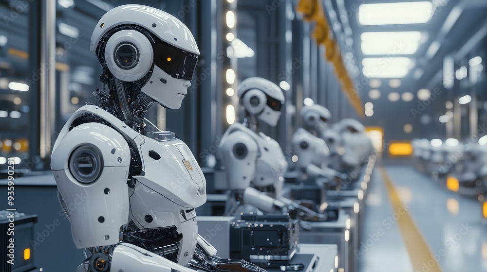 Poster the future of manufacturing: advanced humanoid robots working in unison on an assembly line, signify
