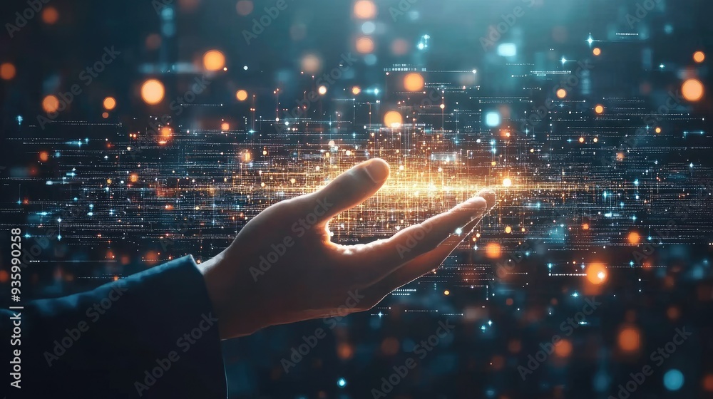 Poster businessman hand show of digital data network transformation for next generation technology on cyber