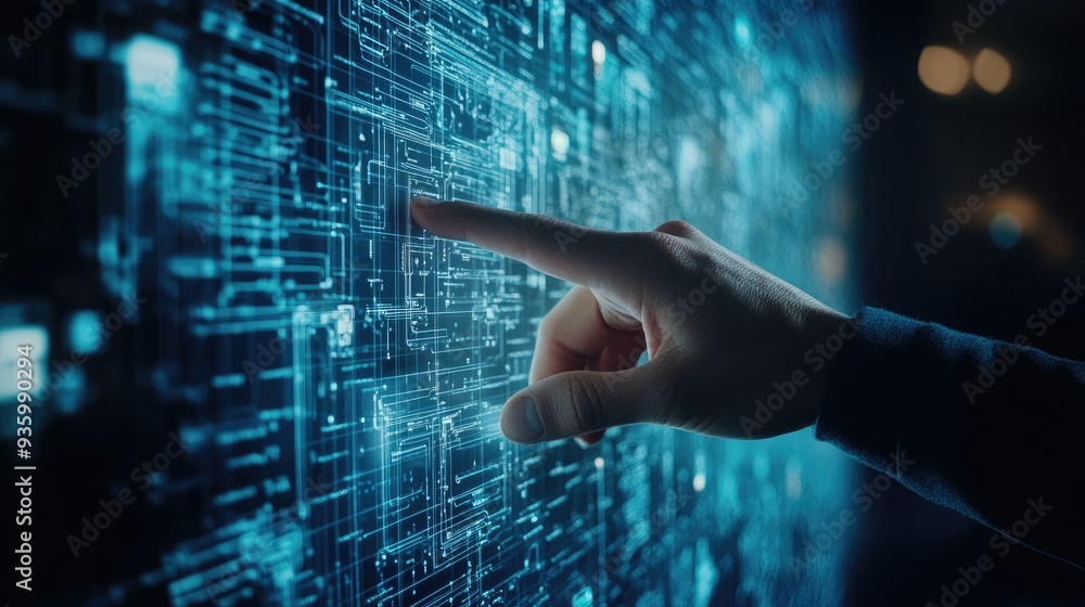 Poster businessman hand touching of digital data network transformation for next generation technology on c