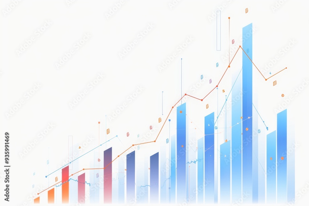 Poster minimalist graph with blue and red lines showing upward trend and orange bar chart on white backgrou