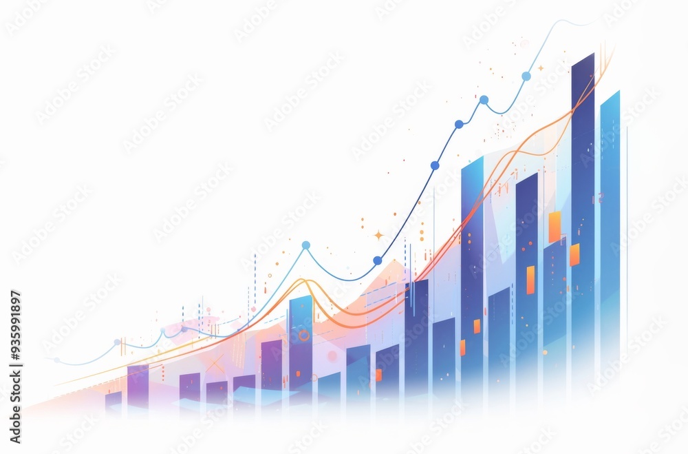 Aufkleber minimalist graph with blue and red lines showing upward trend and orange bar chart on white backgrou