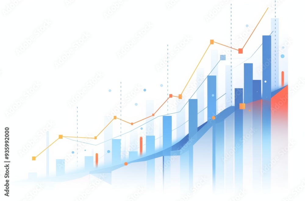 Aufkleber minimalist graph with blue and red lines showing upward trend and orange bar chart on white backgrou