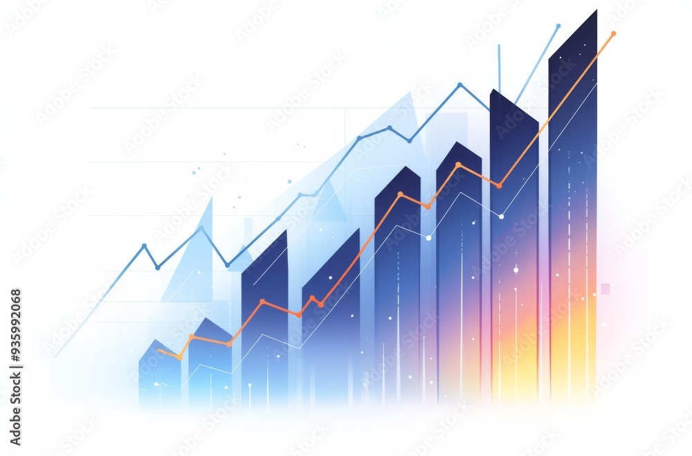 Aufkleber minimalist graph with blue and red lines showing upward trend and orange bar chart on white backgrou