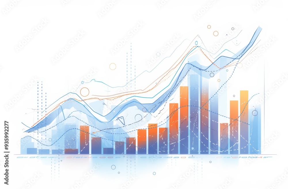 Aufkleber minimalist graph with blue and red lines showing upward trend and orange bar chart on white backgrou