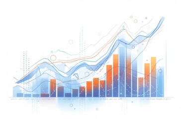 Minimalist Graph with Blue and Red Lines Showing Upward Trend and Orange Bar Chart on White Background