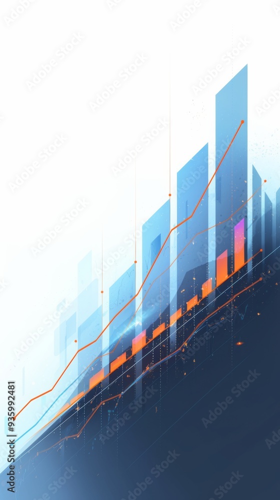 Aufkleber vertical vector illustration of upward trend graph with blue and red lines and orange bar chart on w