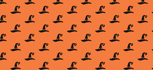 Seamless witch hat pattern. Vector cartoon magic hats icons on orange background	