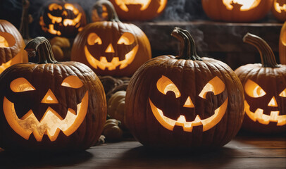 Fototapeta premium Carved pumpkins with lit candles inside, arranged on a wooden table, glow in the dark for Halloween