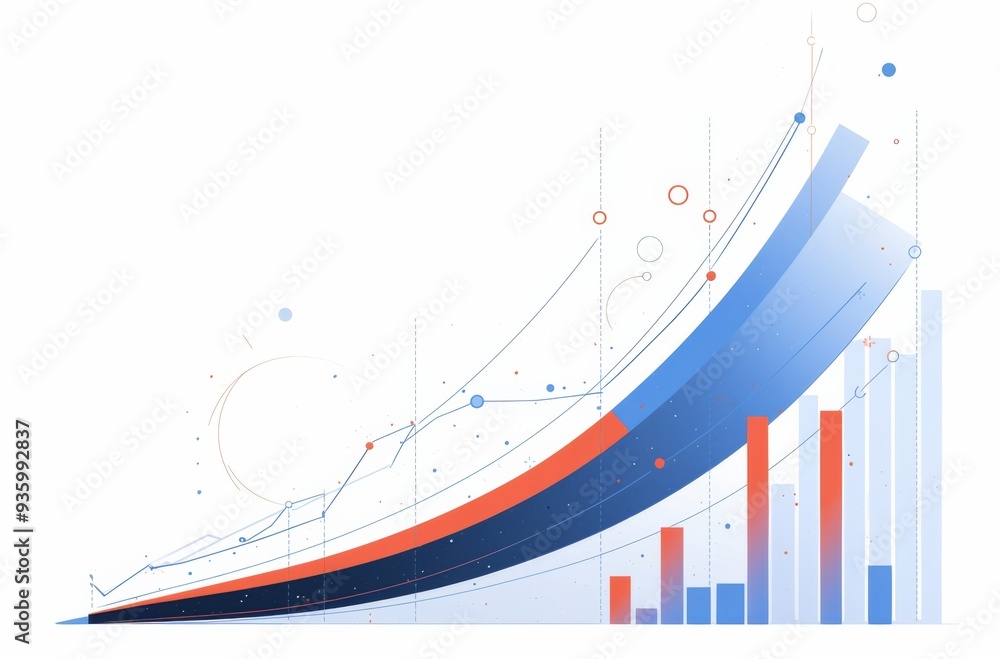 Aufkleber minimalist graph with blue and red lines showing upward trend and orange bar chart on white backgrou
