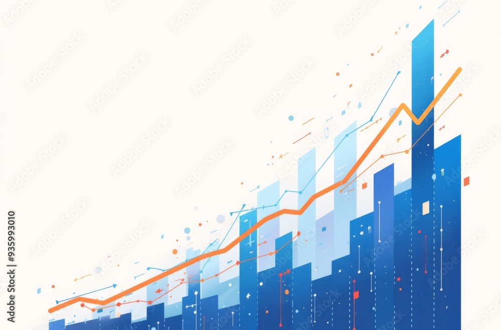 Poster minimalist graph with blue and red lines showing upward trend and orange bar chart on white backgrou