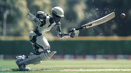 Robot Cricketer Hitting Ball: A robot cricketer executing a perfect stroke, sending the ball flying across the field.