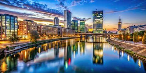 Cityscape with small skyscrapers in Vienna at the Danube Canal in the evening, beautiful scene, Vienna