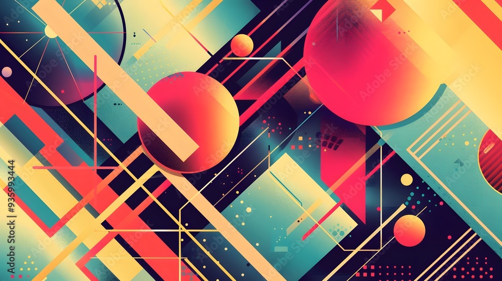 Poster retro-futuristic design featuring geometric shapes and patterns reminiscent of vintage sci-fi aesthe