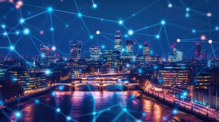 City of London view at night, business network connections concept.