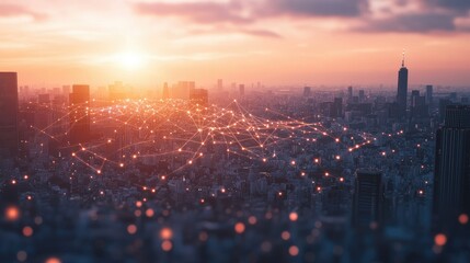 Fototapeta premium City scape and network icon connection concept