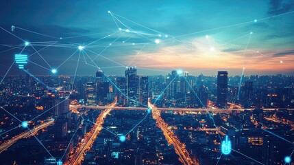 Fototapeta premium City scape and network icon connection concept