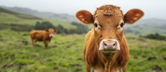 Fototapeta premium Close-up of a Curious Calf in a Lush Meadow. Dairy cows standing prominently in the foreground. AI generated image