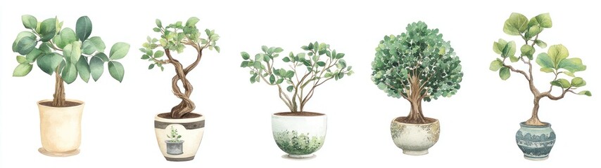 Five Watercolor Paintings of Potted Plants