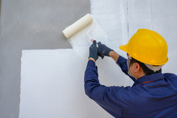 A painter holds a paint roller and skillfully paints a house using a roller brush. A painter...