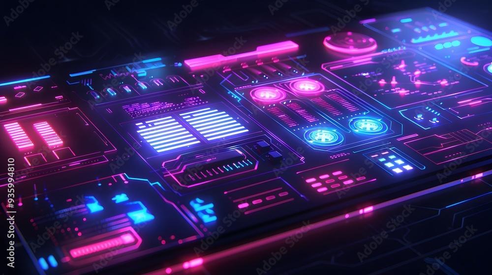 Aufkleber a dark mode ui/ux software blueprint displayed on a high-tech digital board, with glowing neon eleme