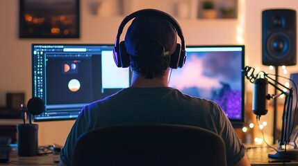 A man recording a podcast for YouTube video. copy space for text.