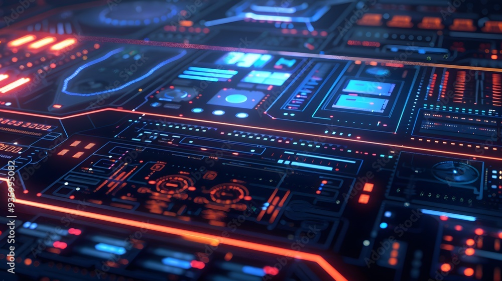 Aufkleber a dark mode ui/ux software blueprint displayed on a high-tech digital board, with glowing neon eleme