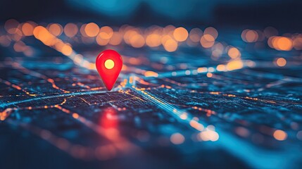 Close-up of a red map pin on a smart road network with real-time data displays. -