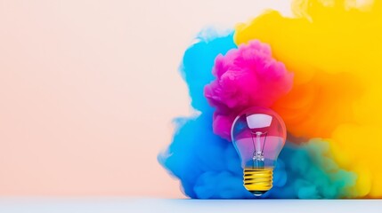 A light bulb is surrounded by colorful smoke, creating a sense of creativity and inspiration. The bright colors of the smoke and the light bulb contrast with the soft pink background